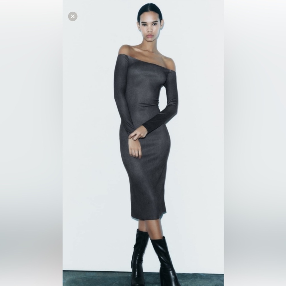 ZARA - Off-Shoulder Long Sleeve Bodycon Dress in Charcoal